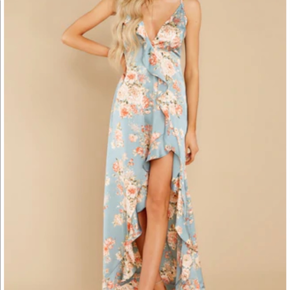 Red dress boutique ever after satin floral dress high low small